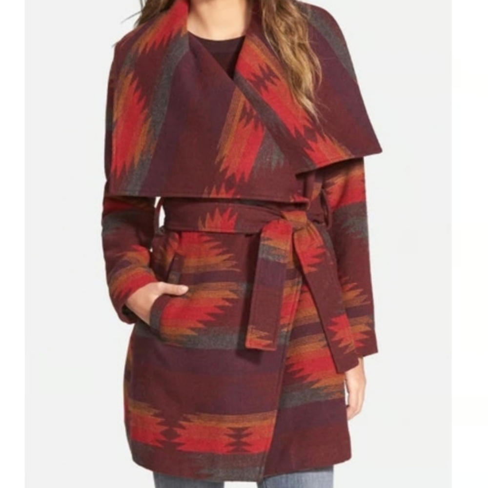 Steve Madden Blanket Wrap Coat in Ruby Aztec